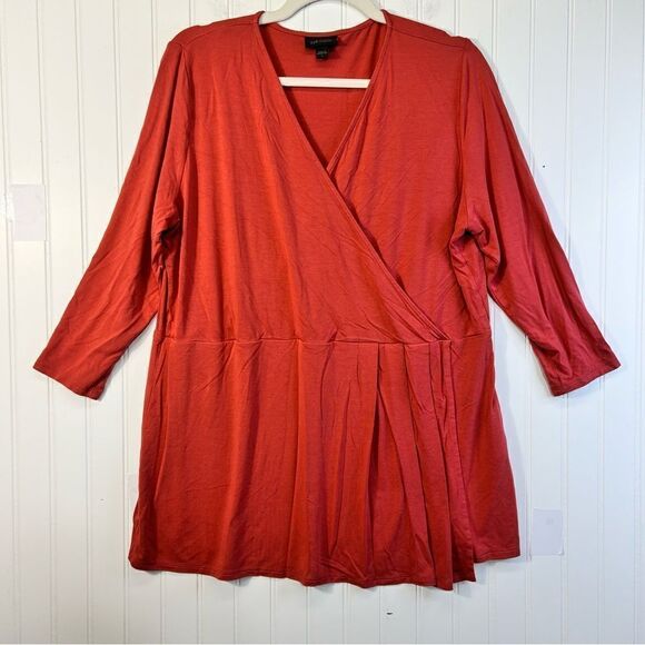 J Jill Wearever Collection V Neck Faux Wrap Front 3/4 Sleeve Top Coral L - Picture 1 of 16